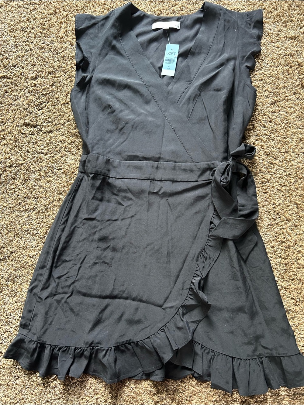 LOFT Black Ruffle Wrap Dress with Tie Waist